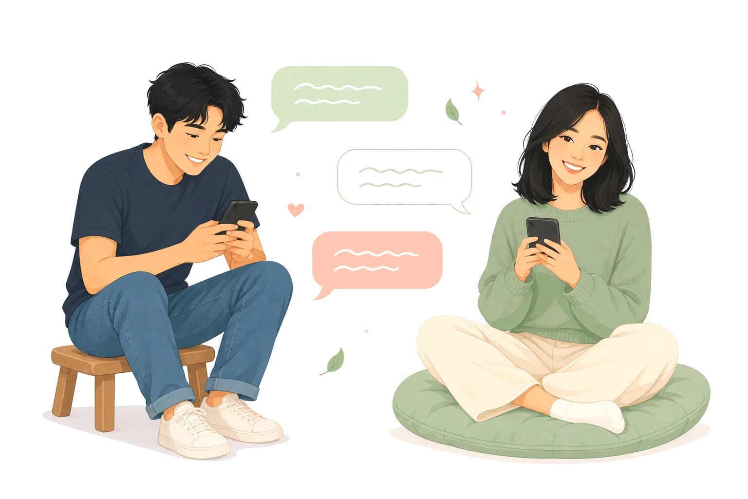 Minh hoạ Mai và một người học đang vui vẻ nhắn tin cho nhau