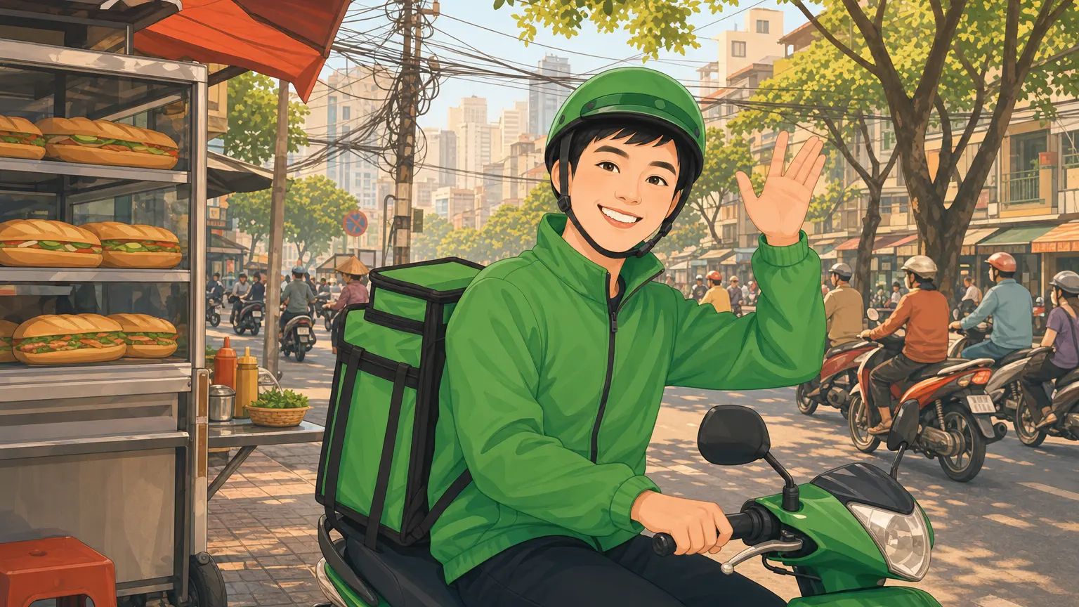 Đức vẫy tay trên xe máy giao hàng cạnh một xe bánh mì