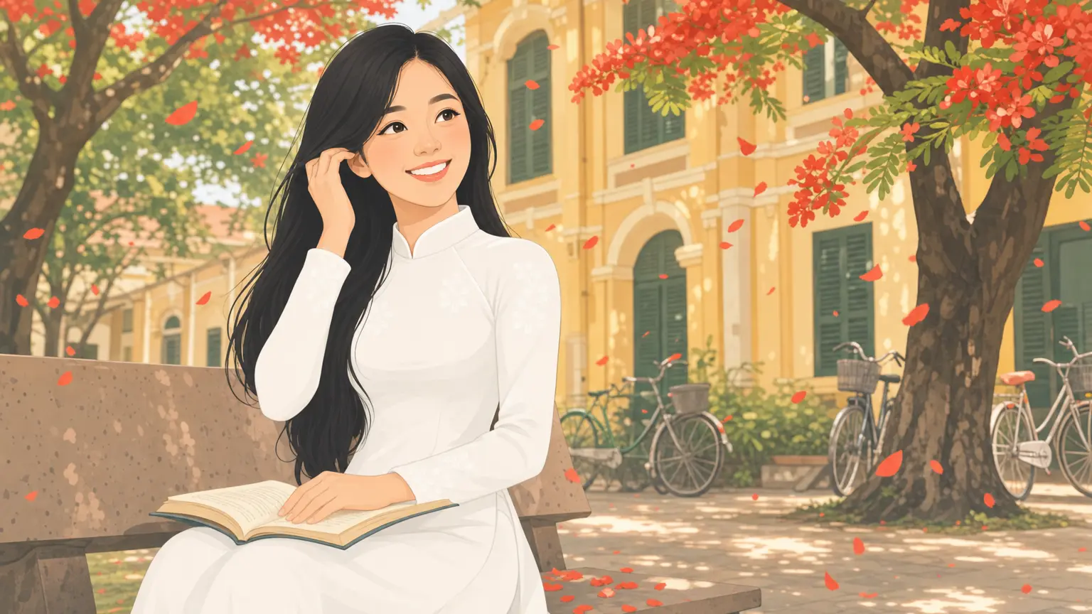 Lan mặc áo dài đọc sách dưới hàng phượng trong sân trường